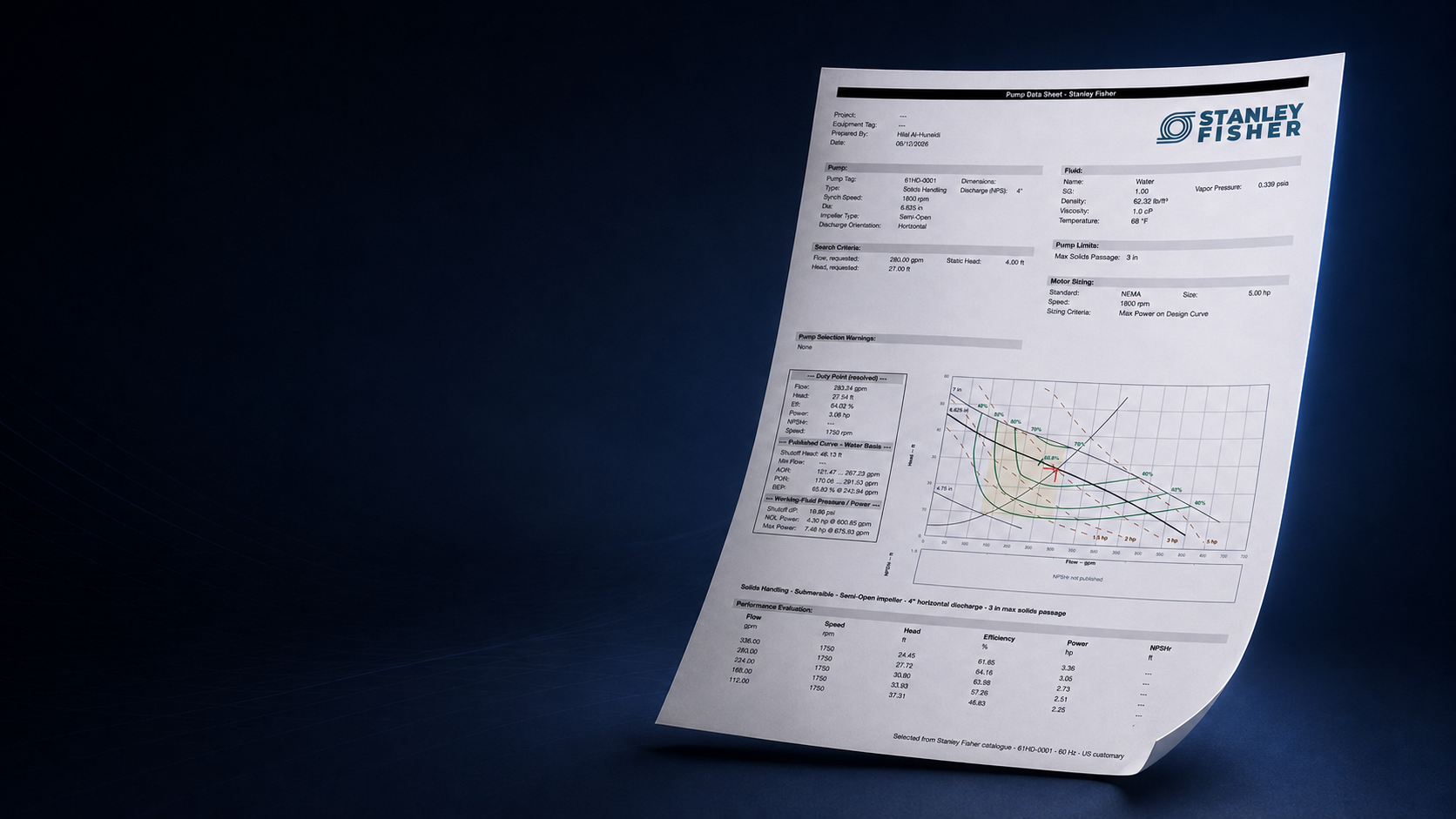 The myFloworx workspace on a dark background, with a generated pump data sheet presented on an A4 page beside it.